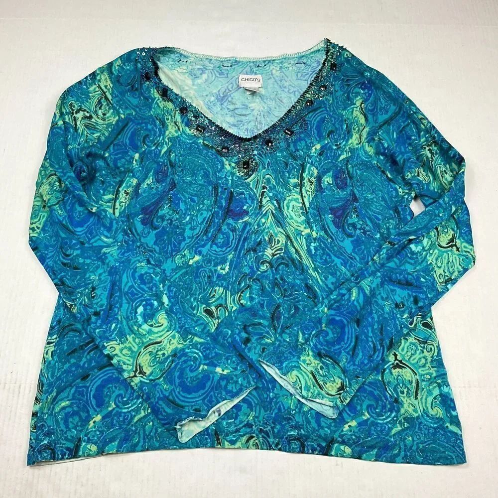 Chicos Silk Blend Lightweight Sweater Paisley Long Sleeve BeadedPullover 3 XL
